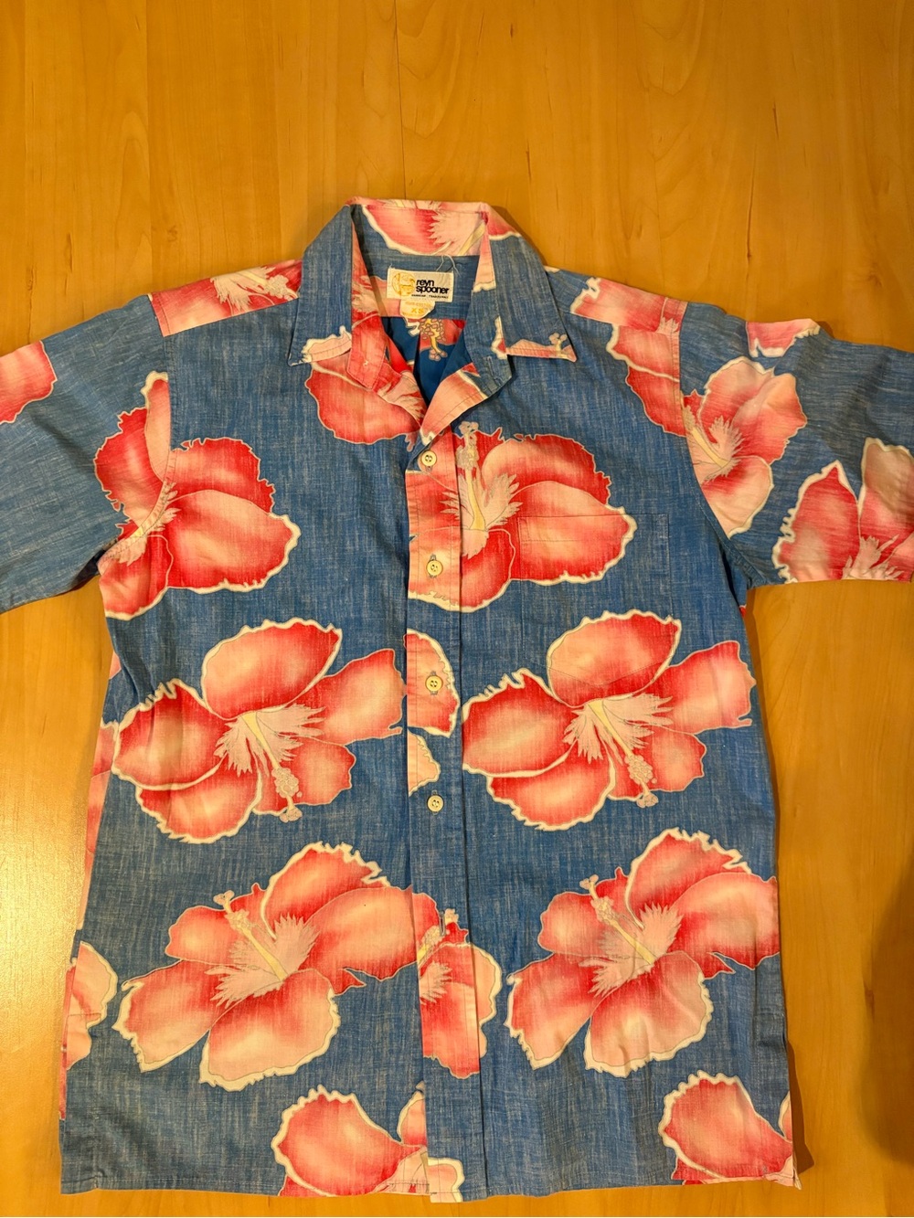 Reyn Spooner Vintage-Style Blue Aloha Shirt with Pink Floral Print